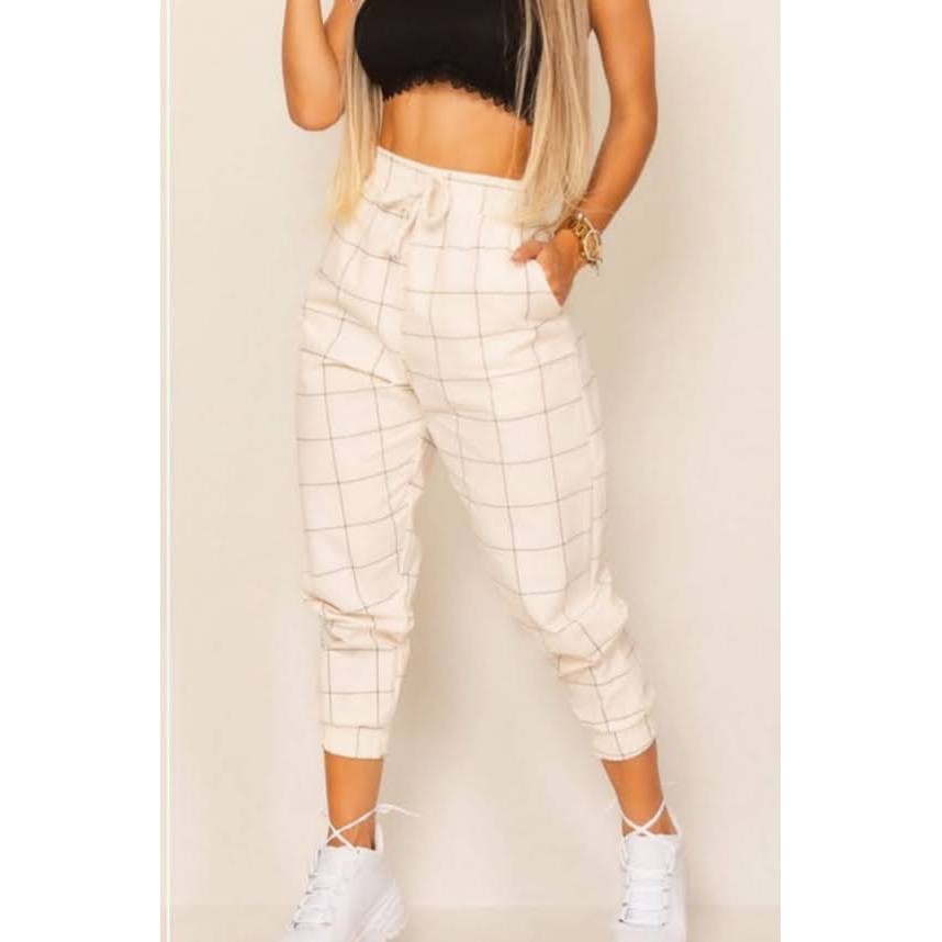 Calca Branca Xadrez Jogger Feminina Tecido Bengaline Moda Blogueira Shopee Brasil