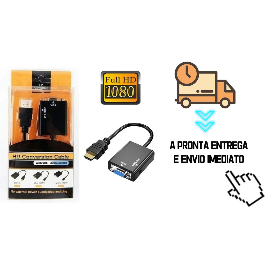 Hdmi Para Vga Com Áudio P2 Conversor Adaptador De Vídeo