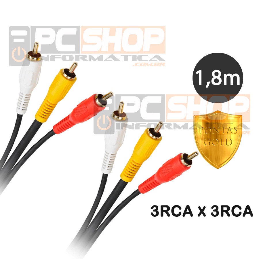 Cabo RCA AV de Áudio e Vídeo 3RCA x 3RCA Vídeo Componente Pontas Gold 1,80 Metros