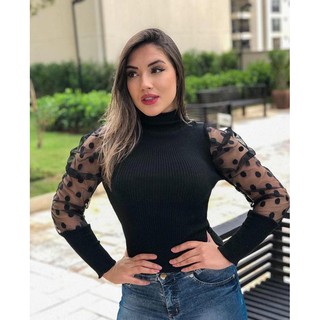 Blusa Manga Tule Poá Trico Inverno Bufante Gola Alta