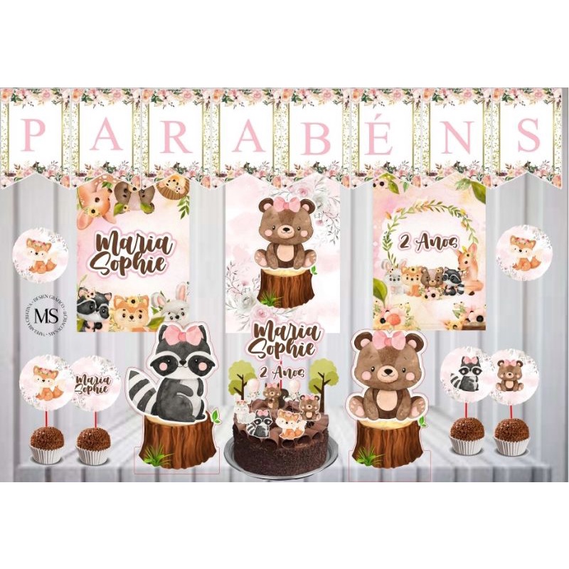 Kit Festa Bosque Encantado Personalizado Só um Bolinho |Mesversário Aniversário |40 itens |Decoração