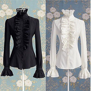 RFAG Vitoriano Partes Superiores Das Mulheres Alta Neck Ruffles Manga Comprida Babado Camisa Cor Sólida OL Escritório Punhos Blusa Outono Tops Womens Hot