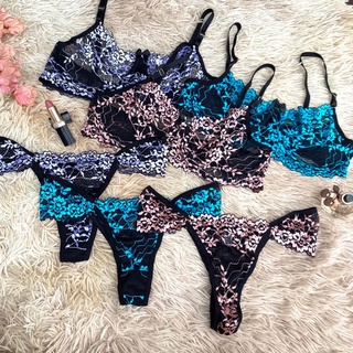 Kit 5 Conjuntos lingerie calcinha e sutiã sexy sem bojo com aro de renda Bicolor Ana