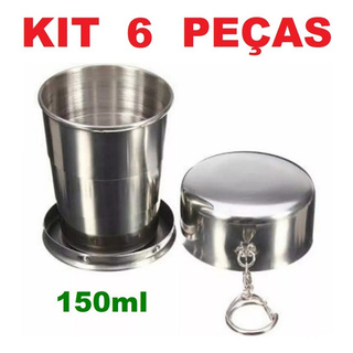 Kit 6 Copo Retrátil Dobrável De Aço Inox Chaveiro 150ml