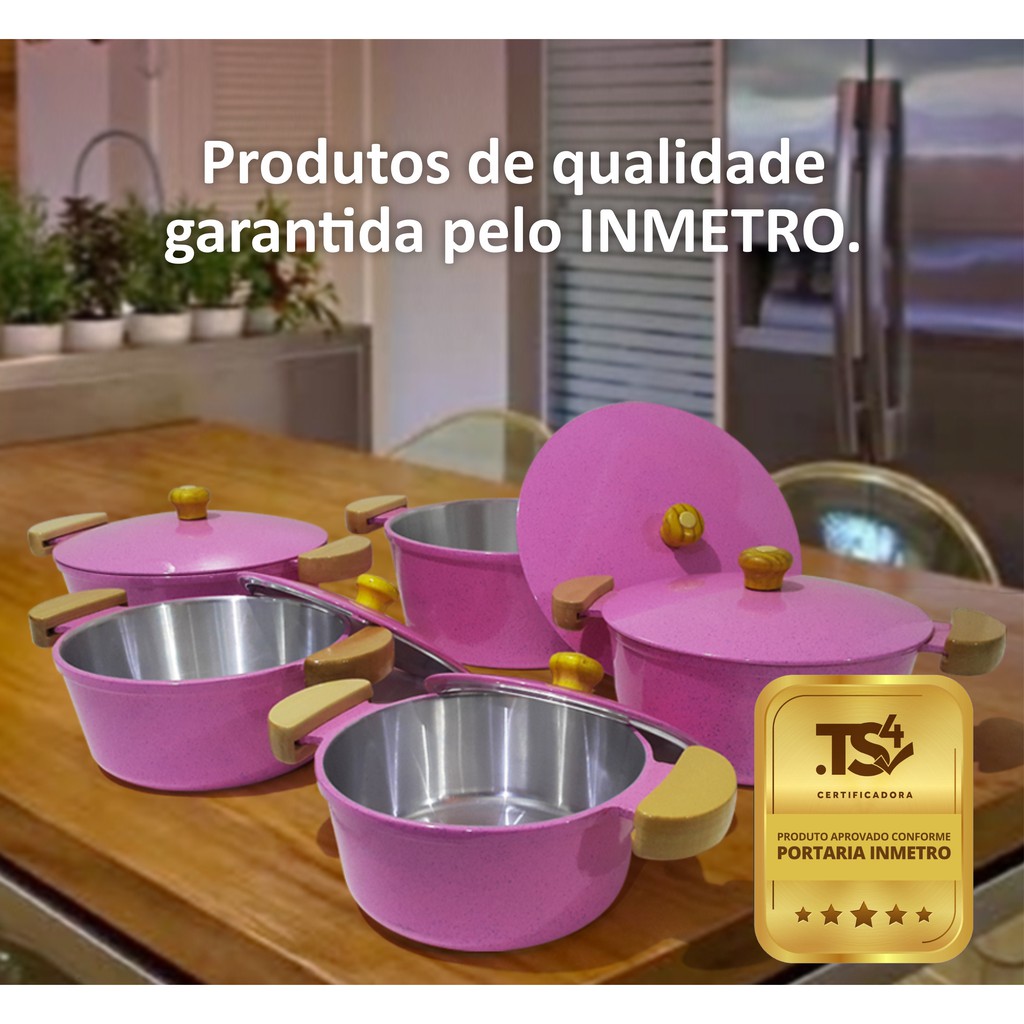 Jogo de Panelas em Alumínio Fundido ou Batido 5 Pç Tampas em Alumínio Tamanhos 16 16 18 18 22  Lunna