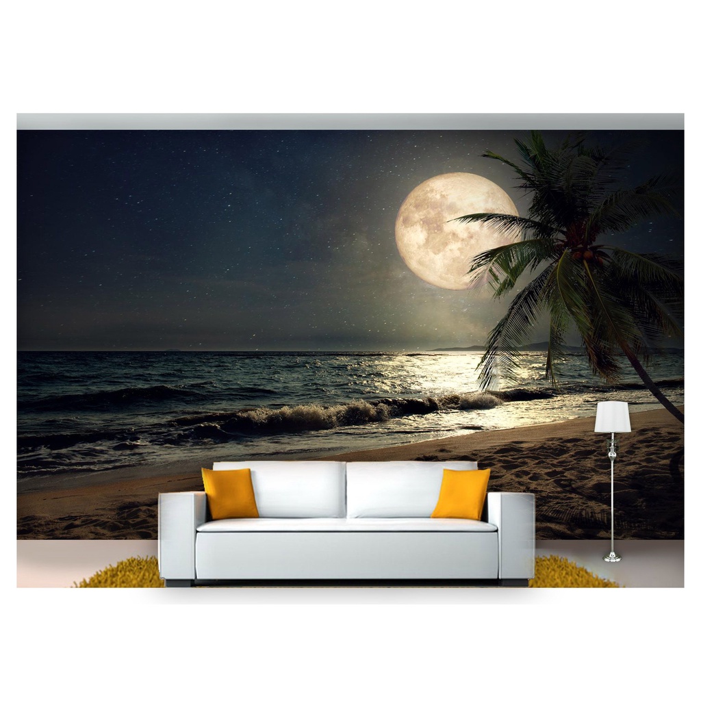papel de parede Lua Noite Praia coqueiro 3D m² LUA34