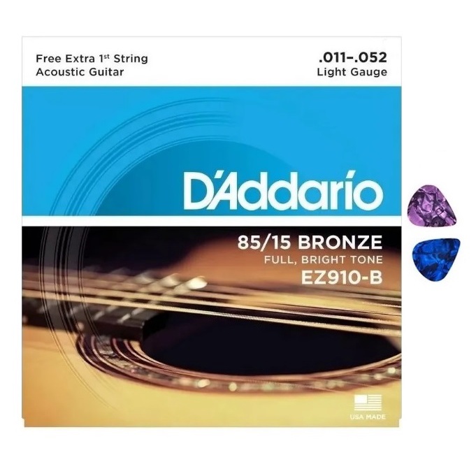 Encordoamento Aço Violão .011 D'addário 85/15 Bronze EZ910-B Daddario + 2 Palhetas