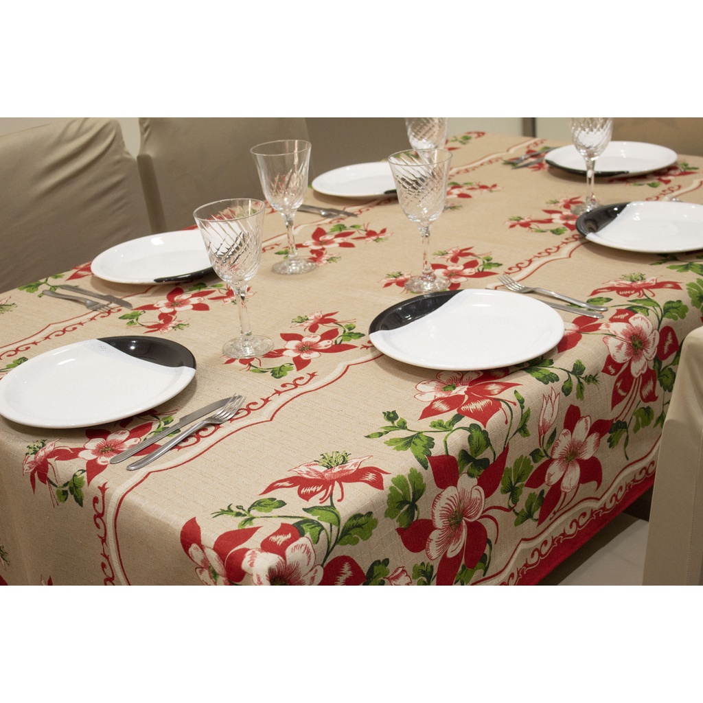 Toalha de Mesa Linhão Rústico 12 Lugares 3,50 x 1,45- Flores Vermelha