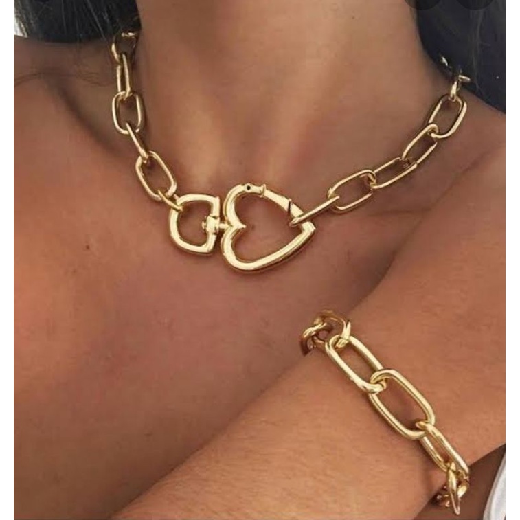 Kit Colar + Pulseira Mosquetão Coração Dourado /  Shoker Corrente elos Grande Folheado ouro em Oferta na Shopee