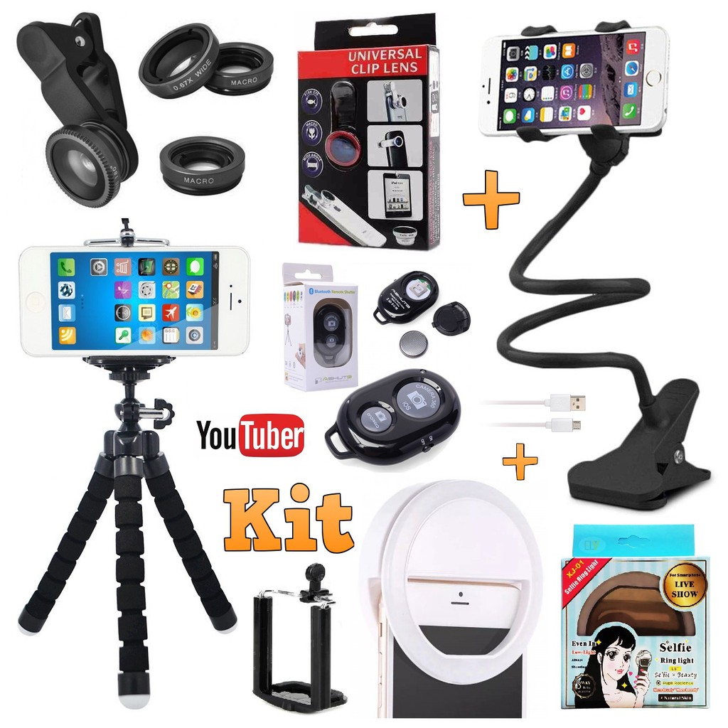 Kit Acessórios Youtuber Tripé Para Celular Câmera + Iluminador Mini Clip Lentes Fisheye + Suporte Articulado  Controle Bluetooth Universal