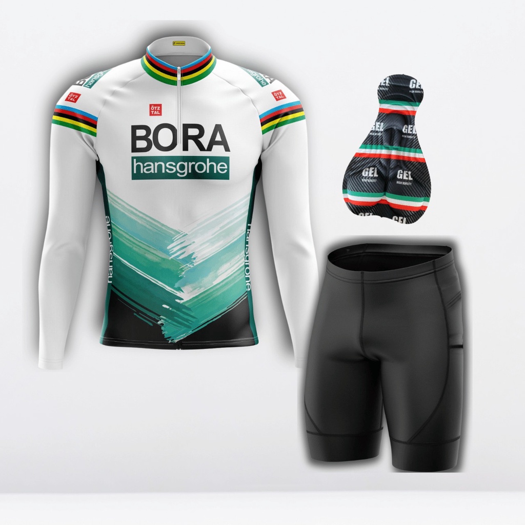 Conjunto Ciclismo de Inverno Masculino- Camisa Bora Verde e Bermuda GEL 