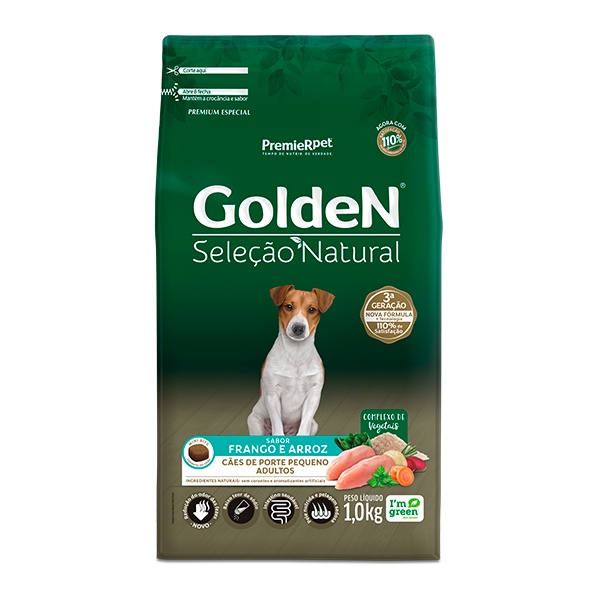Ração Golden Seleção Natural para Cães Adultos de Pequeno Porte Sabor Frango e Arroz - 1Kg - Pets