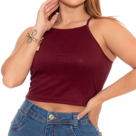 Cropped de Alcinha Canelado Bordo em Oferta na Shopee