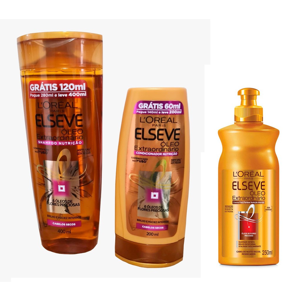 Kit Shampoo(375ml) + Condicionador (170ml) + Creme de pentear(250g) Elseve Óleo Extraordinário Nutrição Intensa