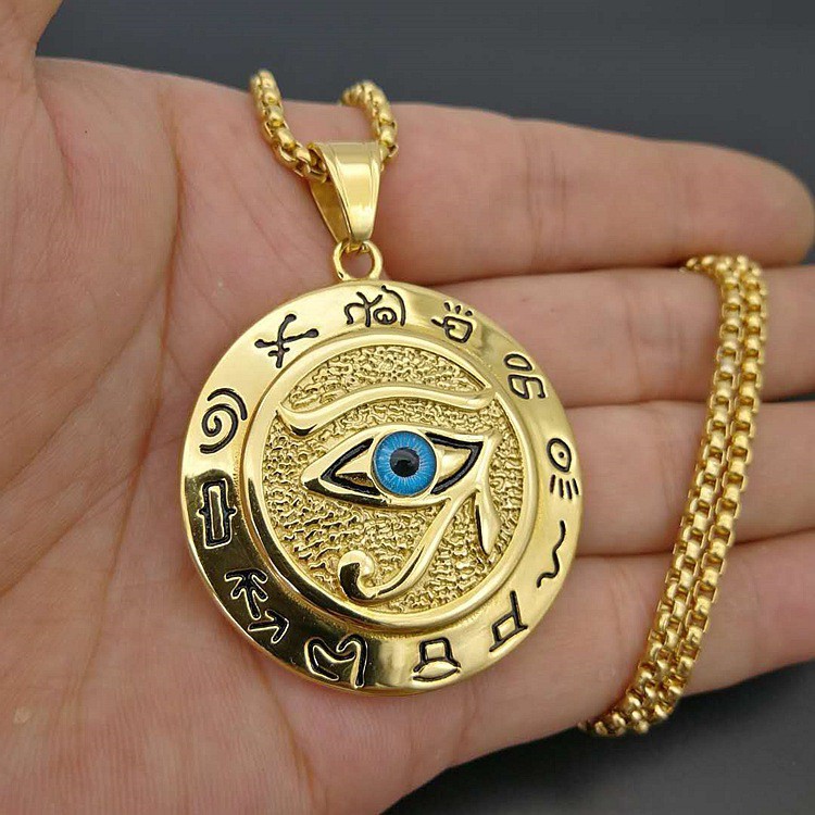 Colar Egípcio De Olho De Titânio Masculino Ra Horus Corrente De Camarão | Egyptian Titanium Eye Necklace Male Ra Horus Shrimp Chain Pewter All-Seeing-Eye