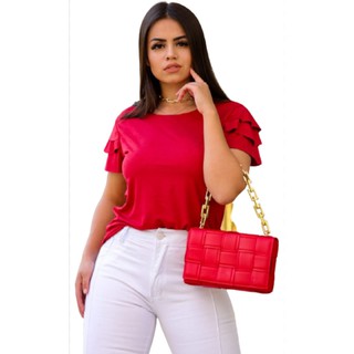 Blusa Blusinha Babado Suede Manga Curta Roupa Aveludada Moda Feminina Corte à Láser Top