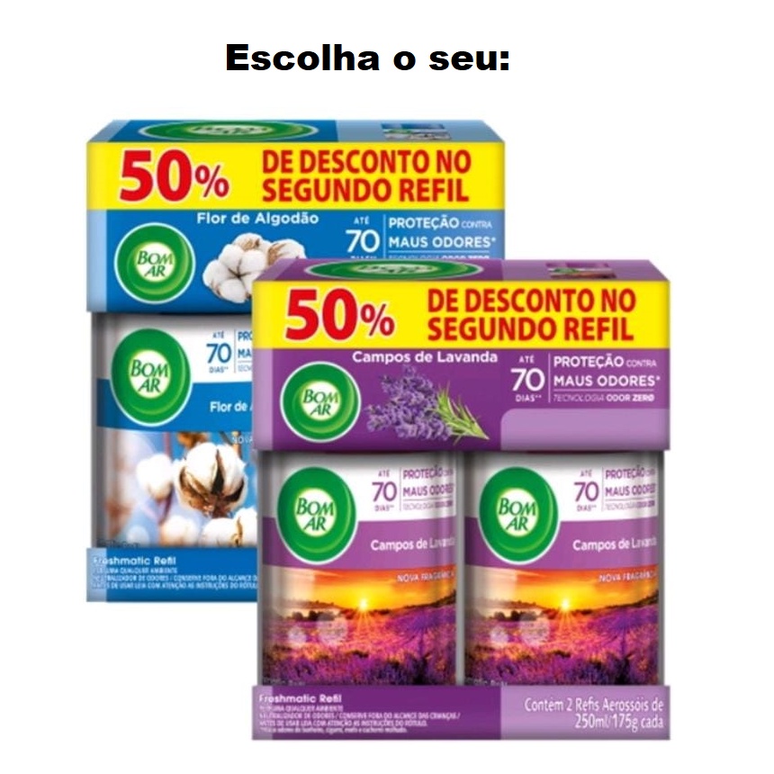 Kit Bom Ar Refil Com 2 unidades de 250ml - Fragrância: Flor de Algodão ou Campos de Lavanda