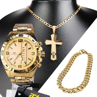 Kit Relogio Masculino Prova Dagua Dourado Colar + Corrente