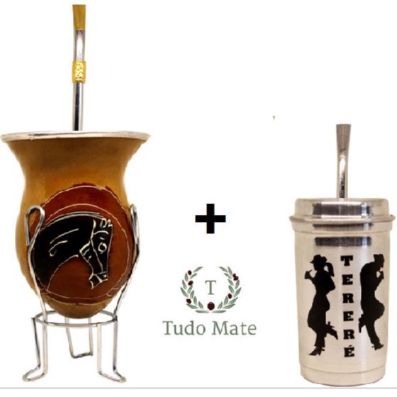 Kit Cuia Para Chimarrão com Tripé e Bomba + Cuia Copo Térmico Para Tereré com Tampa e Bomba