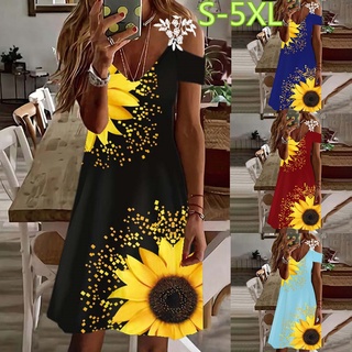 Value Choice Escolha Flor Elegante Feminina Impressão de Flor Elegante Impressão de Ombro de Renda de Manga Curta Vestido de Pescoço em V Saia da Mãe Tamanho Grande