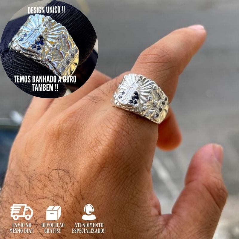 Anel Masculino De Prata 925 Nossa Senhora Com Pedras Banhado a Prata 925 Italiana Dedeira