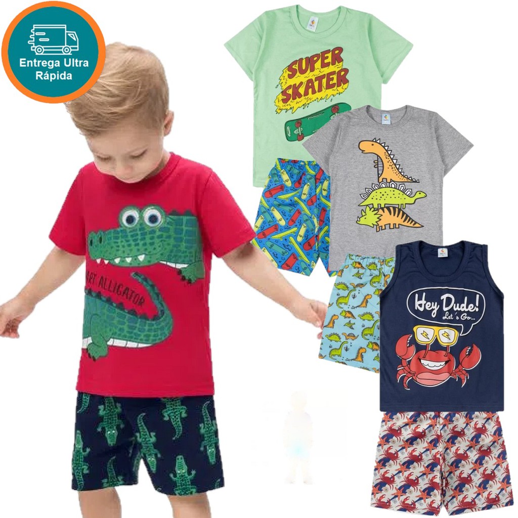 Conjunto de Verão Infantil e Juvenil Menino Masculino 1 ao 10 - Atacado Praia Estampada
