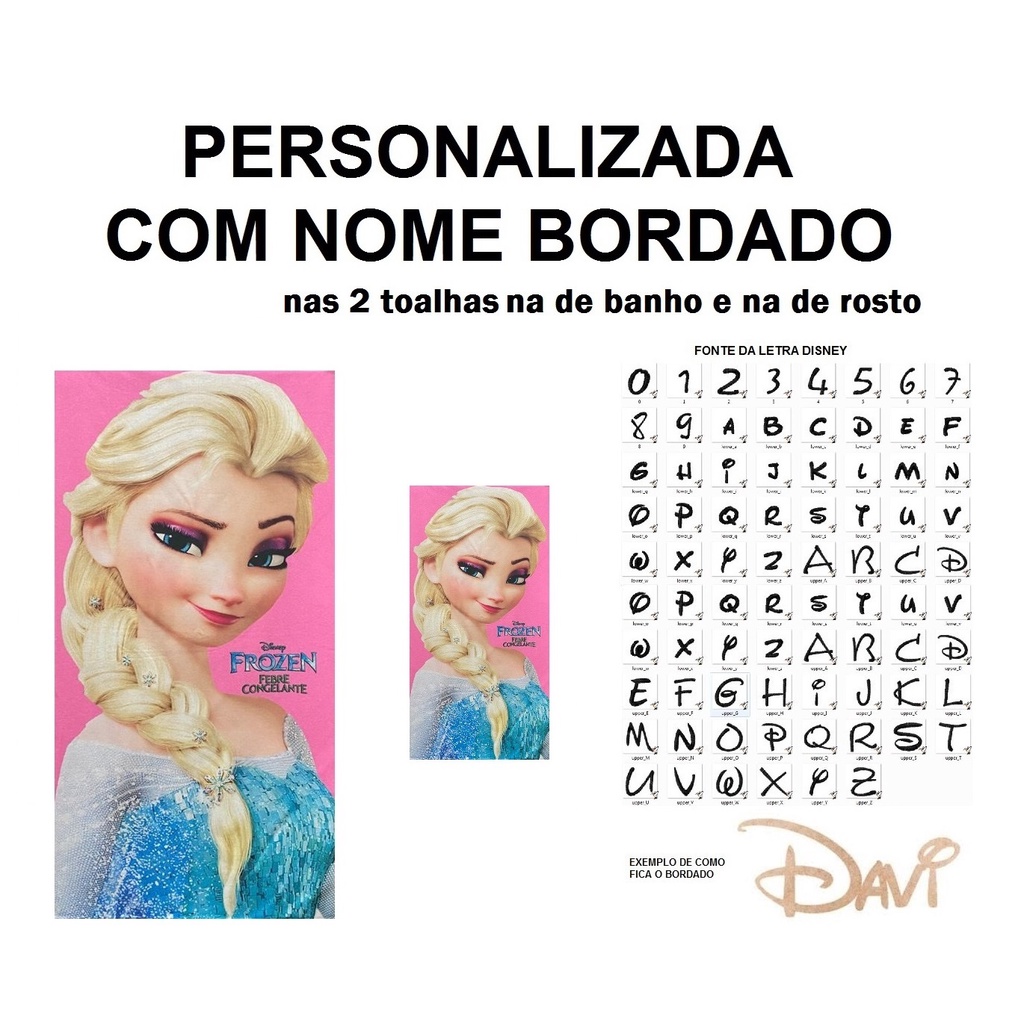 PERSONALIZADA NOME BORDADO kit 1 Toalha de Banho Infantil Elsa R + 1 Toalha de Rosto