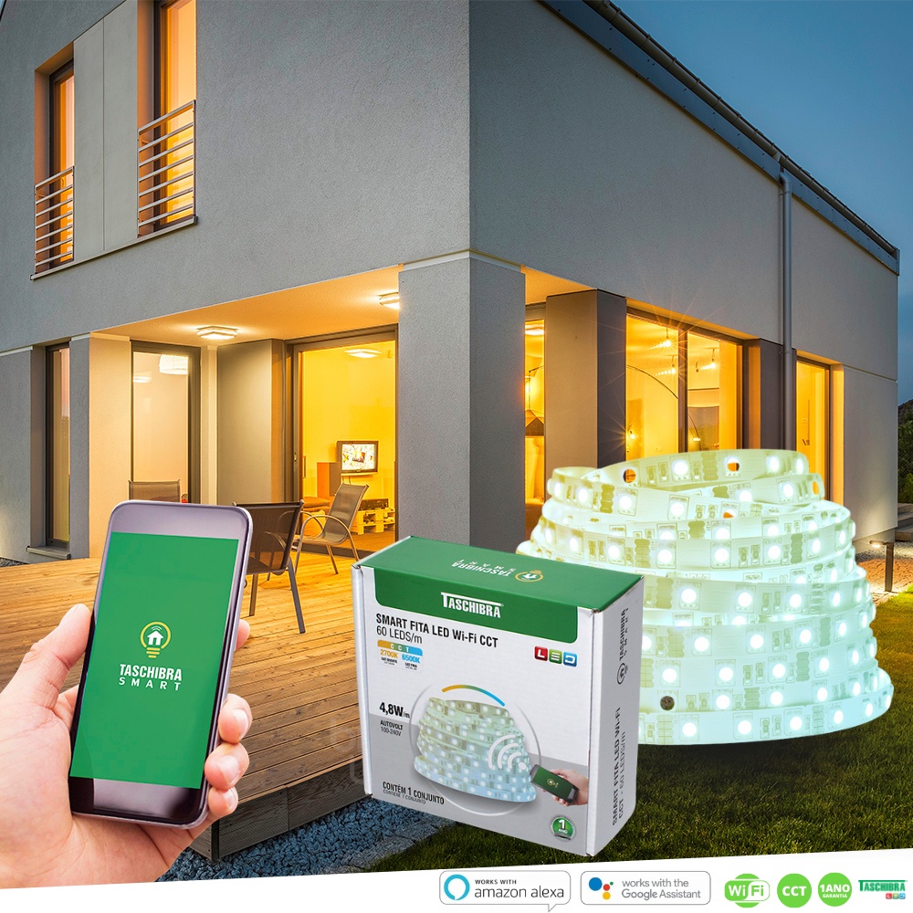 Fita Led Taschibra Smart Wi-Fi 4,8W/M 2700K+6500K IP20 Bivolt 5 Metros