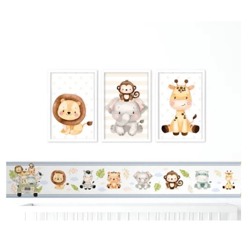 Kit quadros decorativos infantil Safari azul escuro 3 peças + 2 metros de  faixas decorativas para o enxoval do seu bebê