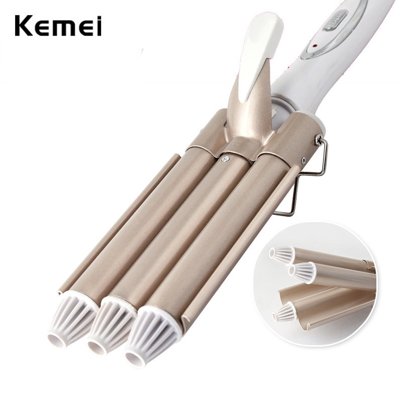 Kemei 1010 Curling Iron Ceramic Triple Barrel Hair Styler Hair Waver Styling Tools (110-220V) em Oferta na Shopee