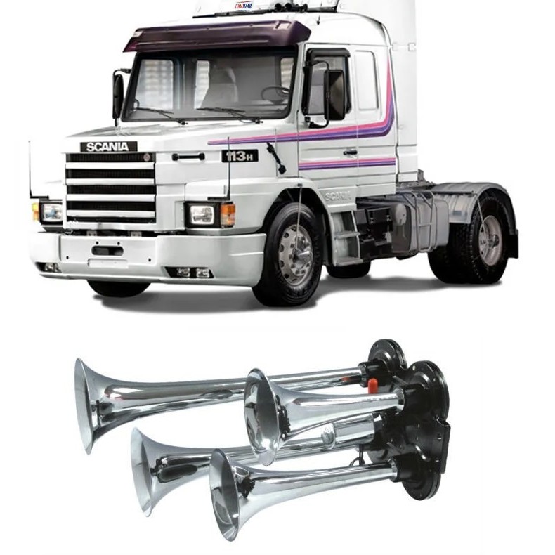 Buzina A Ar Cromada 4 Cornetas De Metal Caminhão Scania 113 112 111 124 143