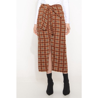 Saia Midi Xadrez Feminina com Fenda e Laço - Estilo Casual Vintage em Oferta na Shopee