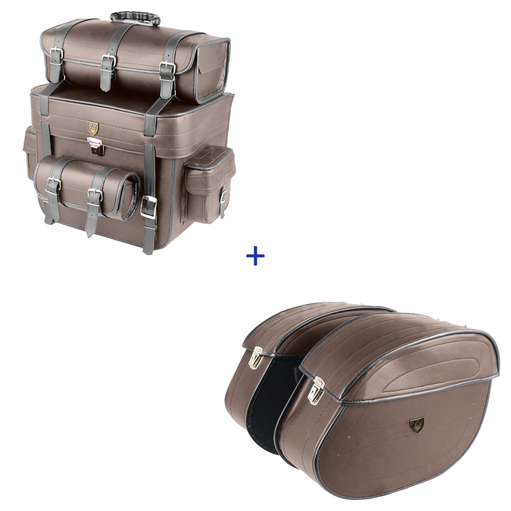 Kit Alforge Traseiro 62 litros + Alforge Lateral Custom JW Marrom Com Fechadura