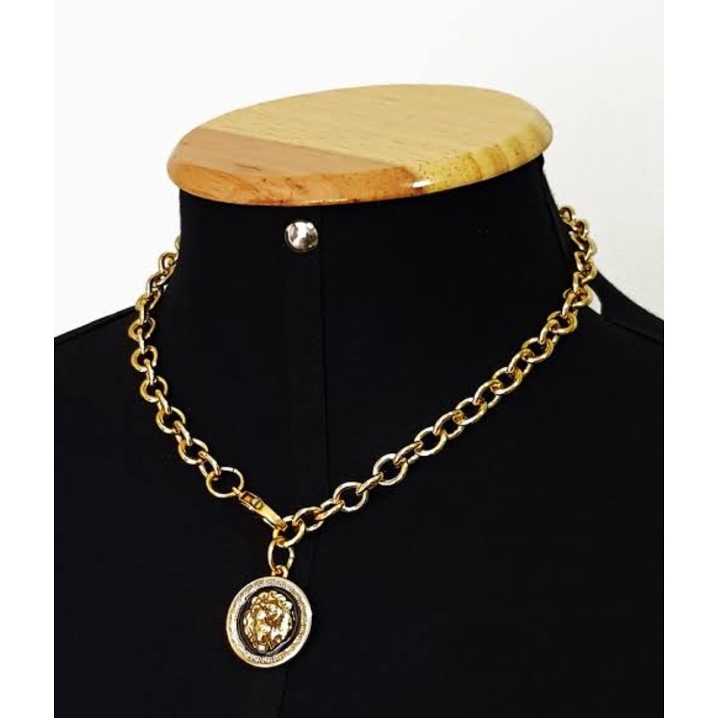 Colar Corrente Feminino Elos Português com Pingente Medalha Leão Folheado Ouro 18K Dourado Tendência