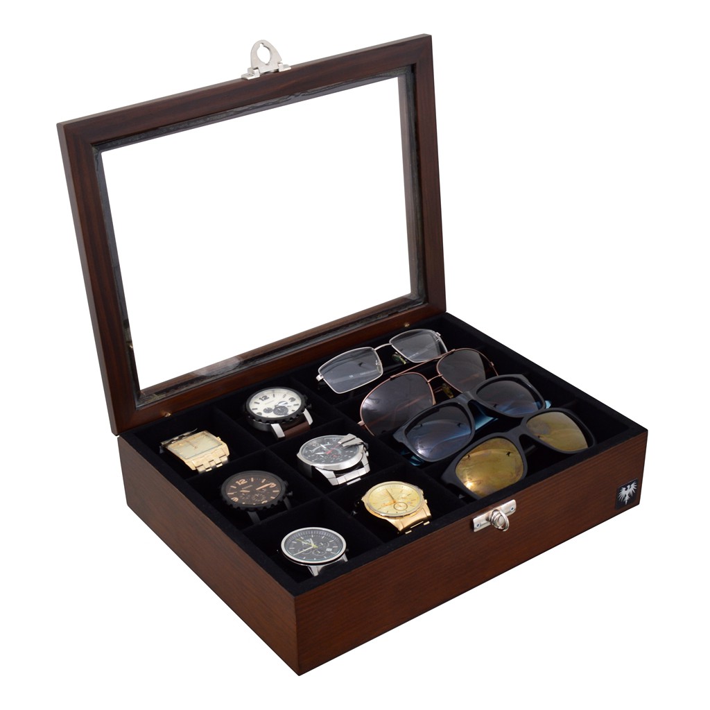 Porta 6 Relógios e 4 Óculos Total Luxo Estojo Madeira Maciça