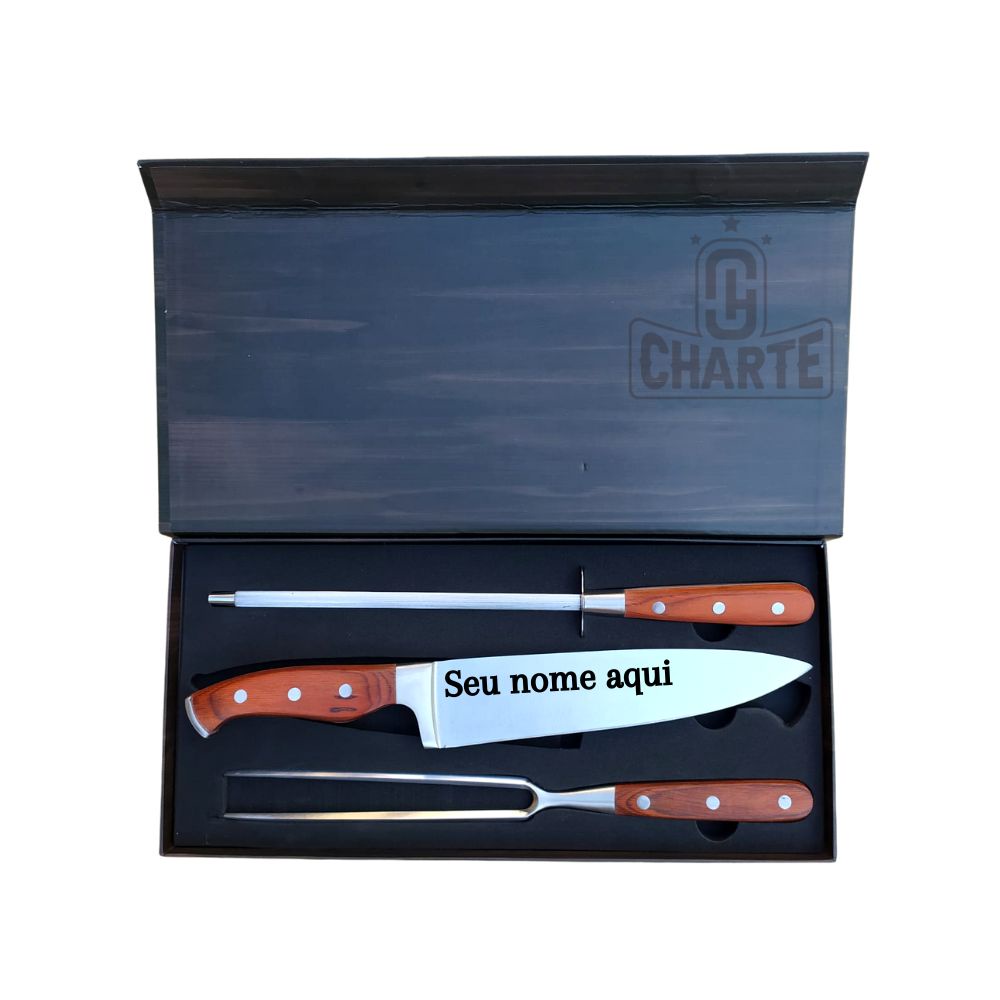 Conjunto Kit Churrasco Faca Garfo e Chaira Steel Personalizado Profissional Inox