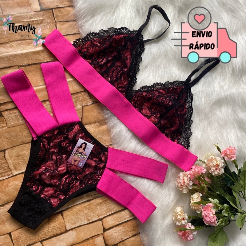 Conjunto Lingerie Sensual Neon Strappy Moda Tiras Flúor Sensual