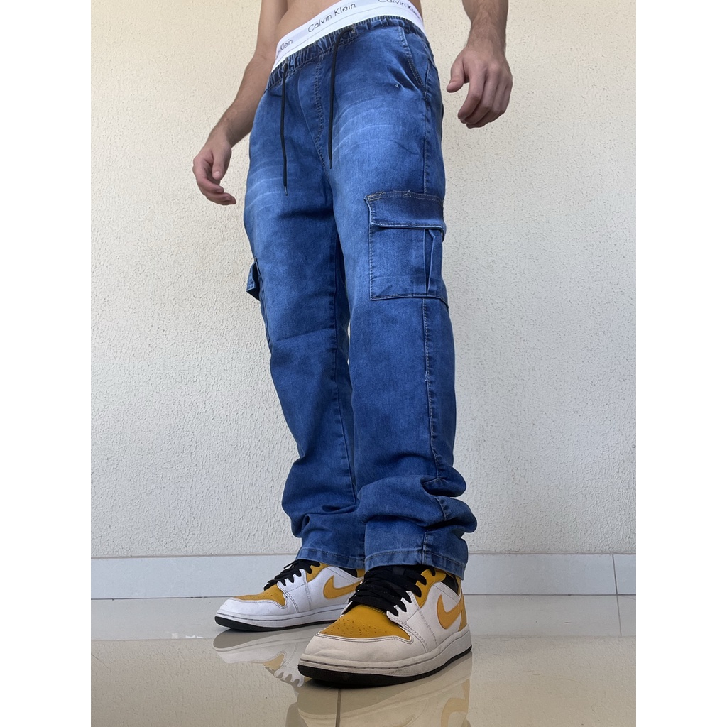 Calça Cargo Masculina E Feminina Unissex Skatista Larga Jeans Escuro