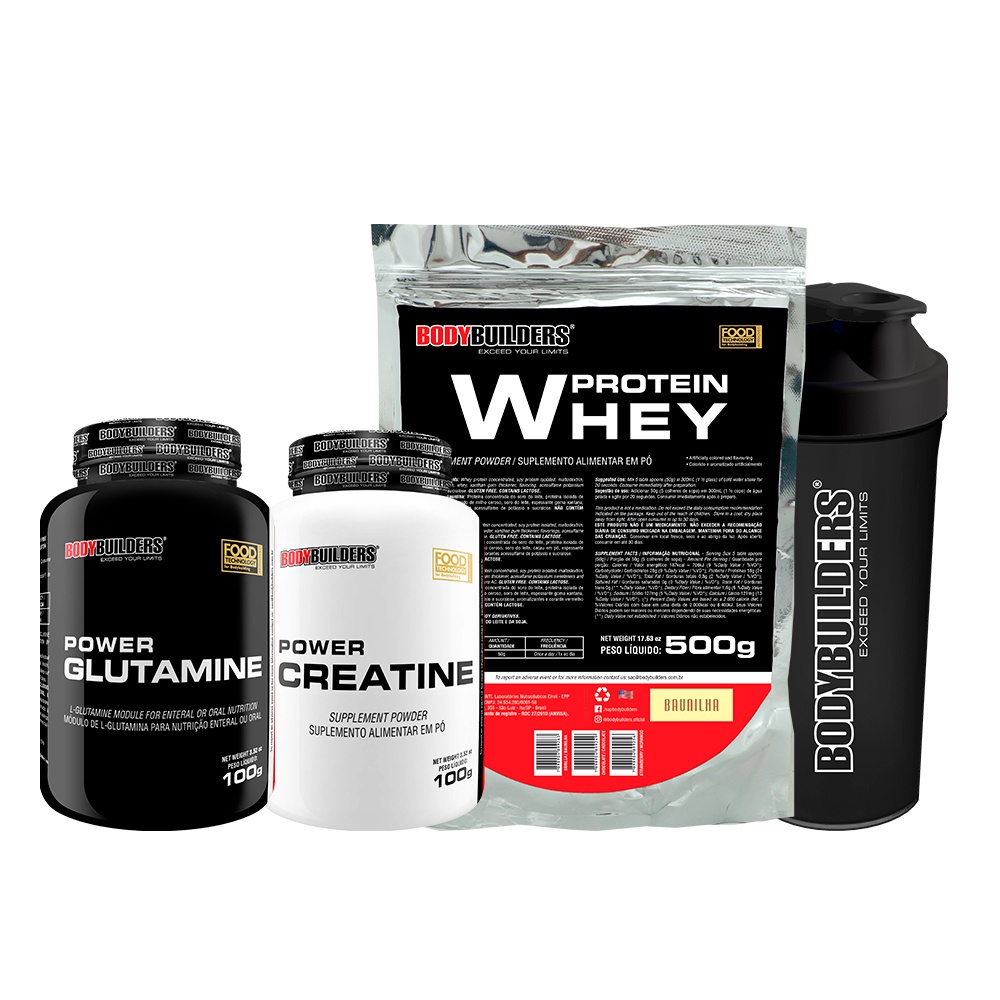 KIT Whey Protein Concentrado em Blend Proteíco 500g + Power Creatina 100g + Power Glutamina 100g + Coqueteleira - Bobybuilders