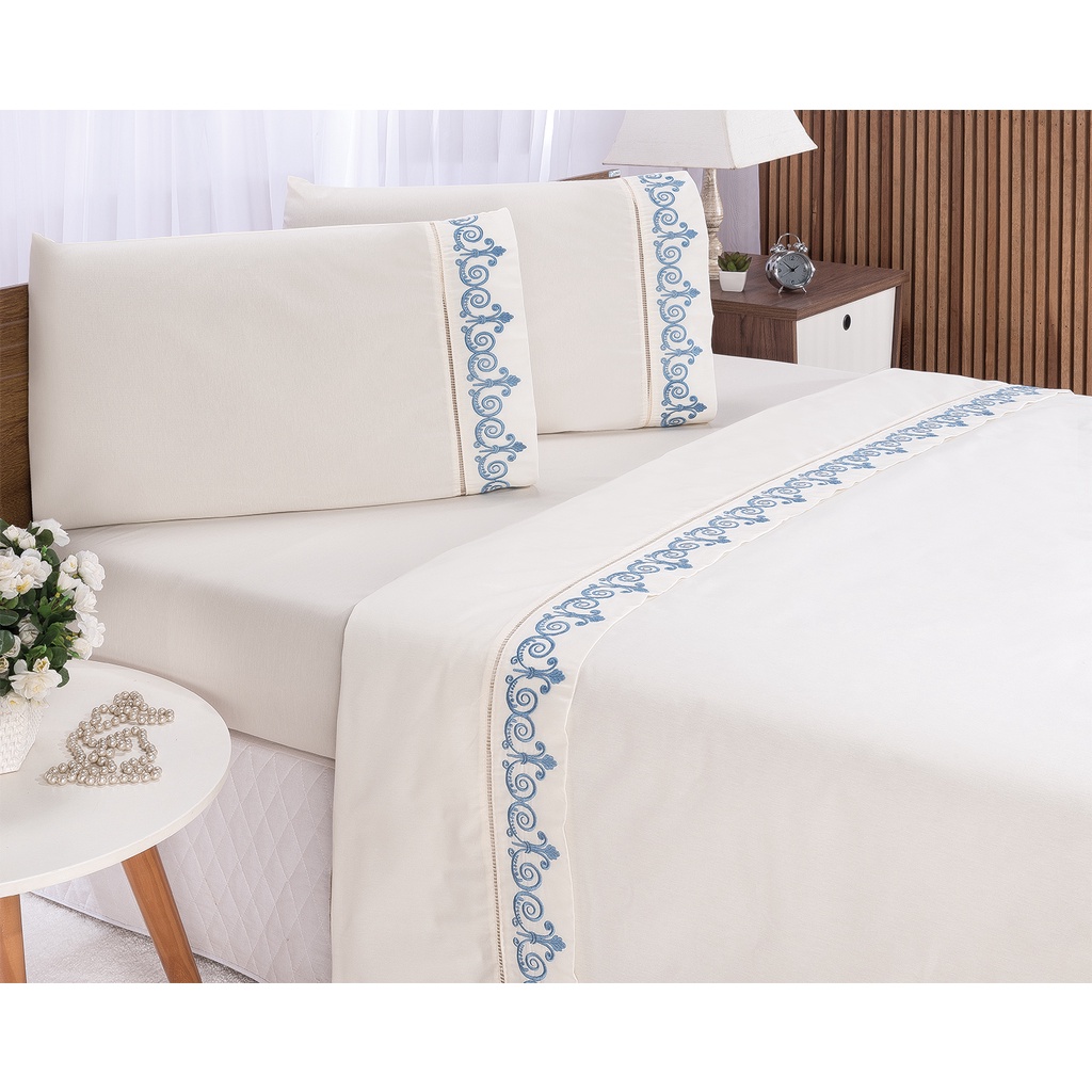 Jogo De Lençol Cama Casal Queen 4 Peças Bordado Algodão 400 Fios