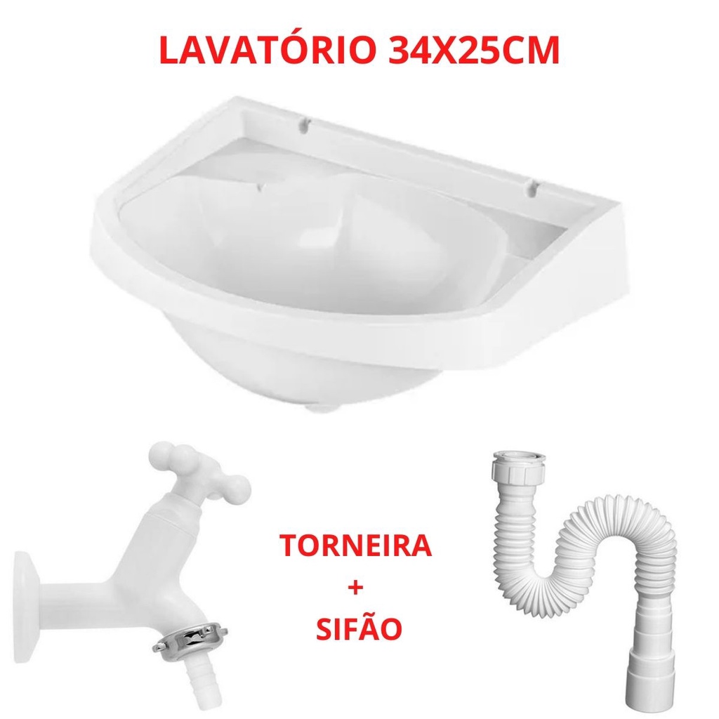 Kit Banheiro - Lavatório 34x25 Cm + Sifão + Torneira - Kit Completo Especial Oferta