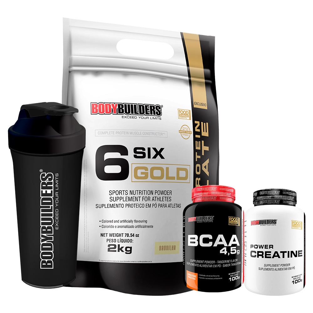 Kit Whey Protein 6 Six Gold 2kg + Power Creatina 100g + BCAA 100g Sabor Tangerina + Coqueteleira - Bodybuilders