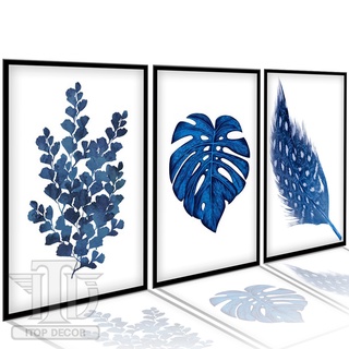 Kit 3 Quadros Decorativo Decoração Sala Cozinha Moderna Mosaico 3 Peças Folhas Azul Abstrato Colorido Moldura Preta
