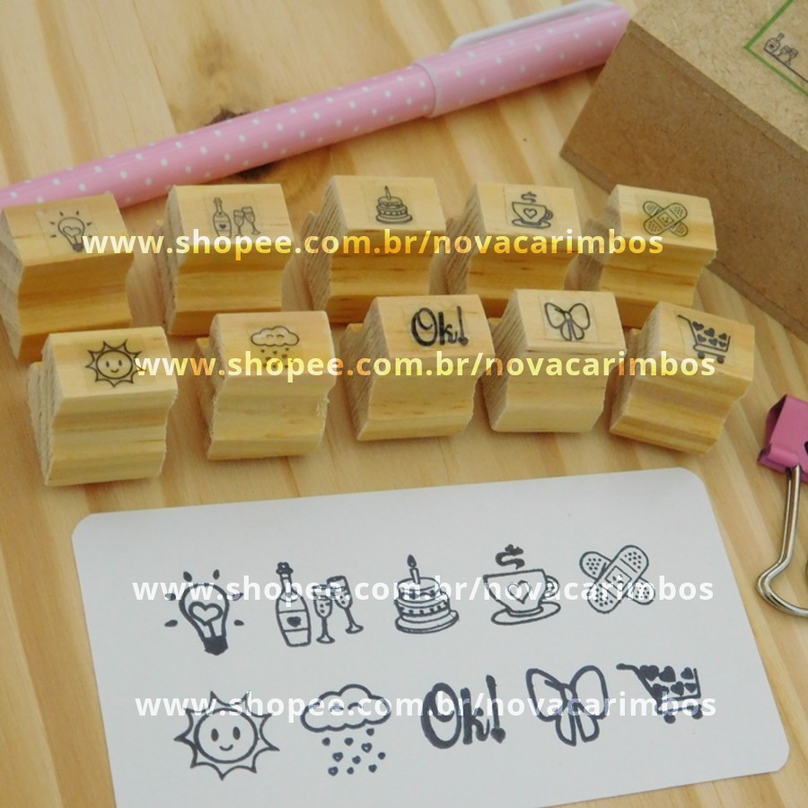 Kit Planner 2 - Kit com 10 carimbos em uma caixinha de mdf - tam. Aprox. 1,5x1,5cm - são 10 desenhos fofos decorar e identificar seu planner!