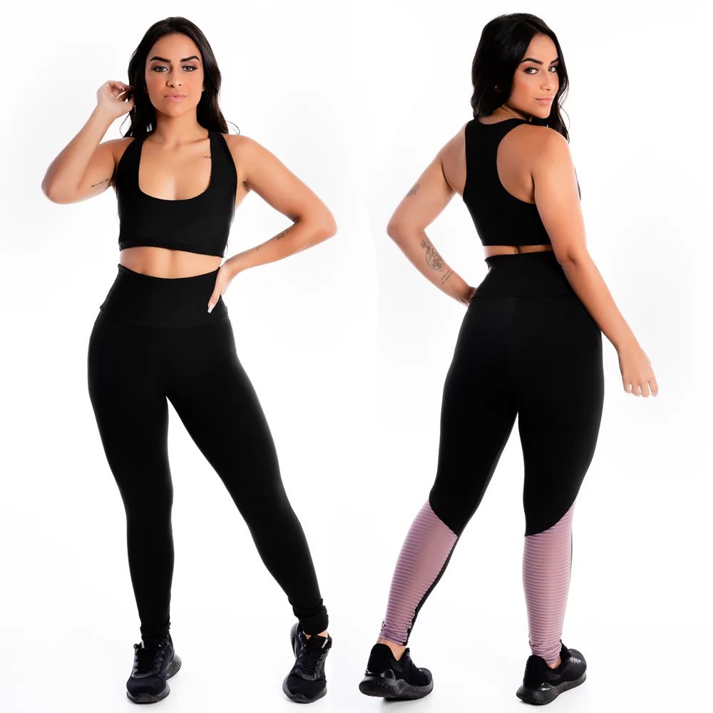 Cropped e Calça Legging Fitness Academia Preto com Detalhe Violeta Cintura Alta sem Transparência