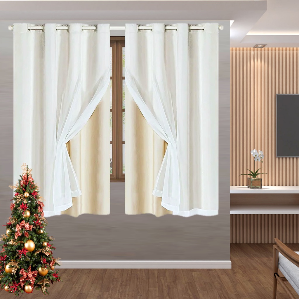 Cortinas para sala blackout com voil tecido blecaute pvc 2,80 Largura por 1,60 de altura ideal para varão de janela ou porta de até 1,50 corta luz voal liso para casa pra quarto