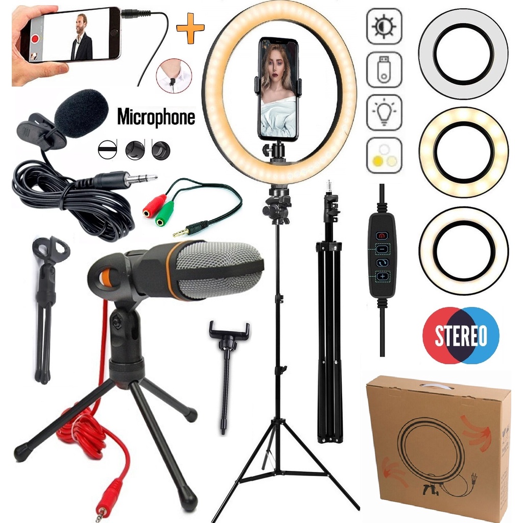 Ring Light Iluminador Led Anel Tripé Profissional Completo Suporte Celular Microfone Condensador Lapela Gravação Vídeo