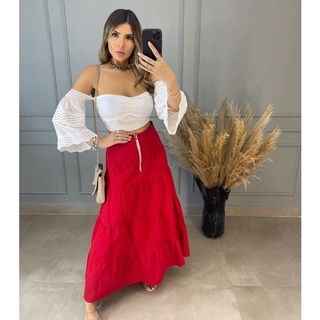 Saia longa de zíper Jeans Cumprida três Maria Saia 3 Marias Lisa moda blogueira tik tok evangélica com bolso midi Sarja Colorida Babados Camadas