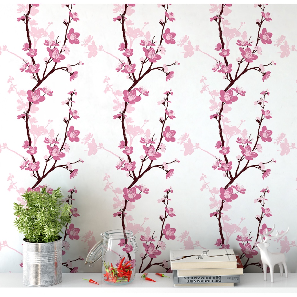 Papel de Parede Adesivo Listrado Floral Flores Rosas Galho Ramos Quarto Menina Autocolante
