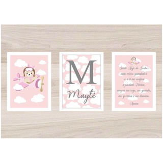 Quadro Decoração Bebe Menina Ursinha Aviadora Santo Anjo Personalizado